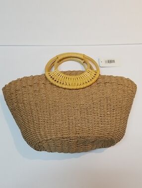 Natural Woven Tote with Yellow Round Handles
